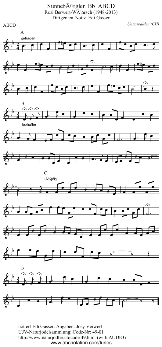 SunnebÃ¤rgler  Bb  ABCD - staff notation