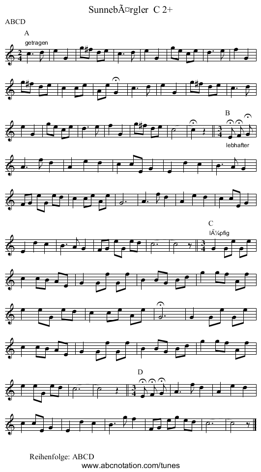 Sunnebärgler C 2+ - staff notation