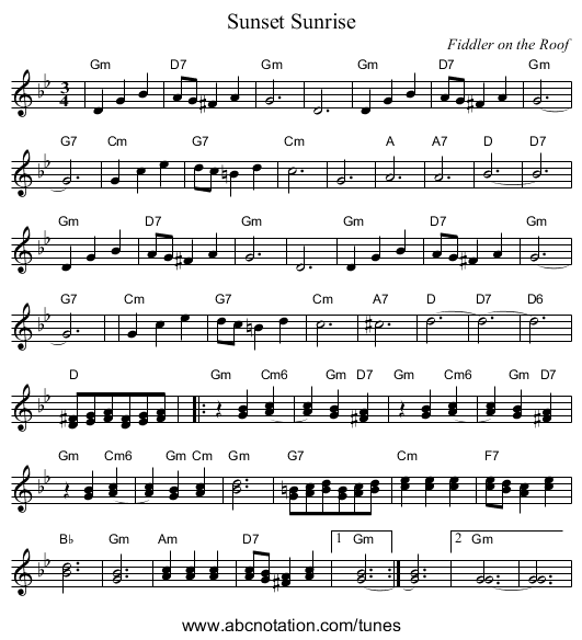 Sunrise, Sunset - staff notation