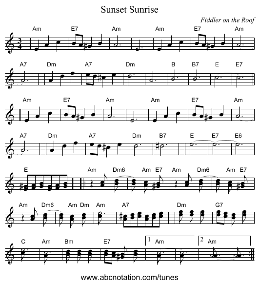 Sunrise, Sunset - staff notation