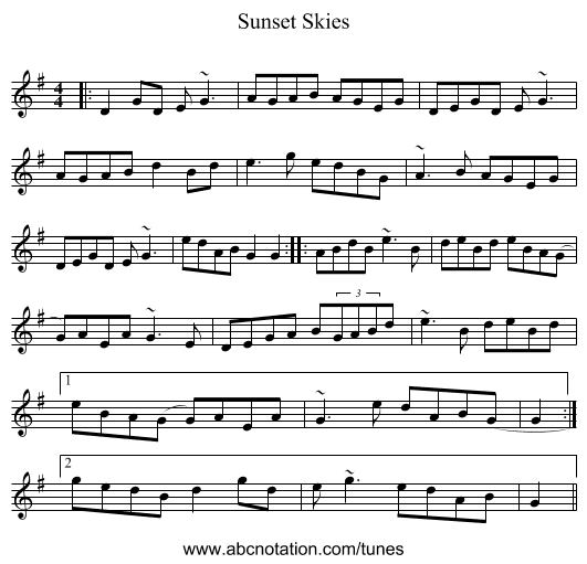 Sunset Skies - staff notation