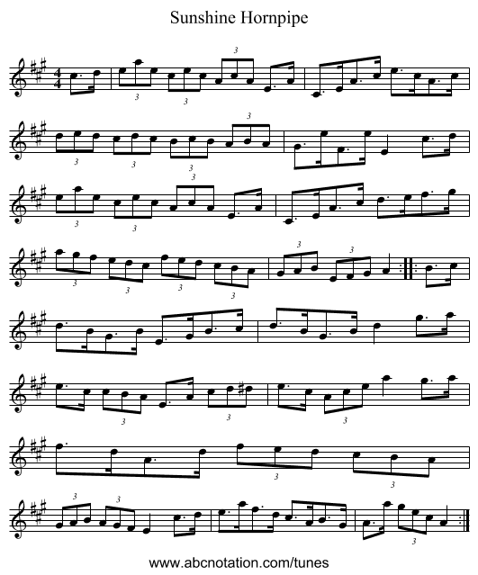 Sunshine Hornpipe - staff notation