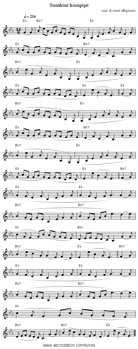 Sunshine hornpipe - staff notation