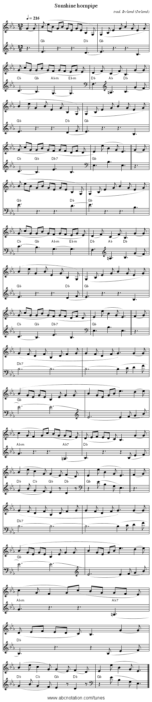 Sunshine hornpipe - staff notation