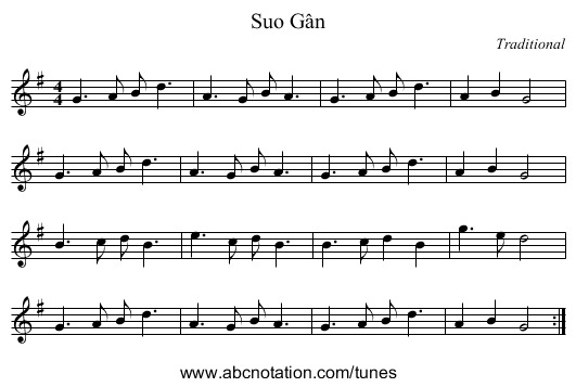 Suo Gân - staff notation