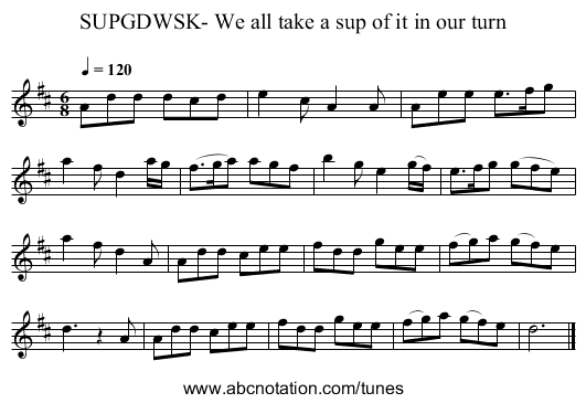 SUPGDWSK- We all take a sup of it in our turn - staff notation