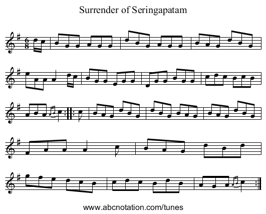 Surrender of Seringapatam - staff notation