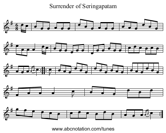 Surrender of Seringapatam - staff notation
