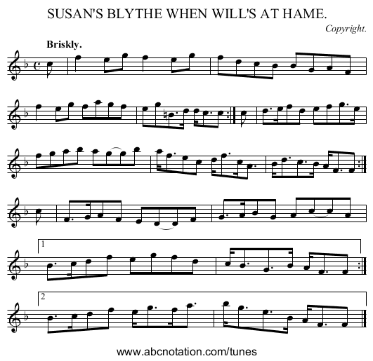 SUSAN'S BLYTHE WHEN WILL'S AT HAME. - staff notation