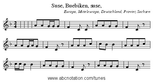 Suse, Buebiken, suse, - staff notation