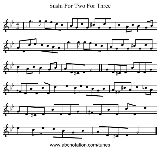 Sushi For Two For Three - staff notation