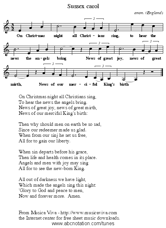 Sussex carol - staff notation