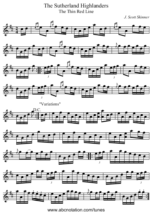 Sutherland Highlanders, The - staff notation