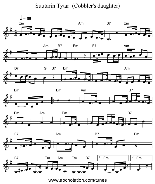 Suutarin Tytar (Cobbler's daughter) - staff notation