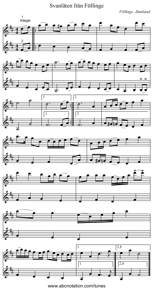 Svanlåten från Föllinge - staff notation