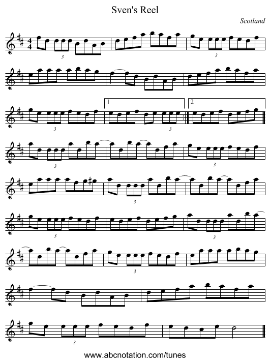 Sven's Reel - staff notation
