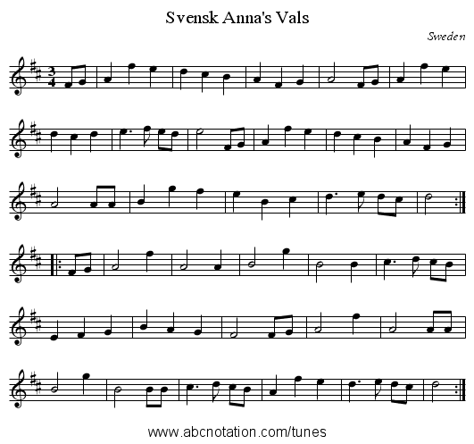 Svensk Anna's Vals - staff notation