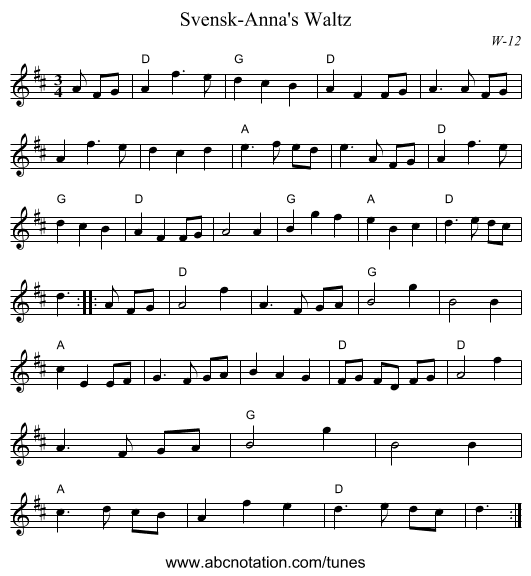 Svensk-Anna's Waltz - staff notation