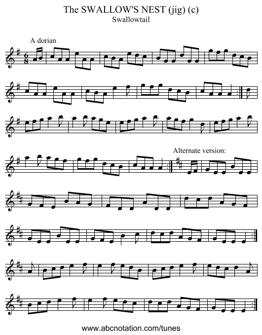 SWALLOW'S NEST (jig) (c), The - staff notation
