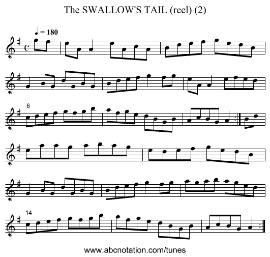 SWALLOW'S TAIL (reel) (2), The - staff notation