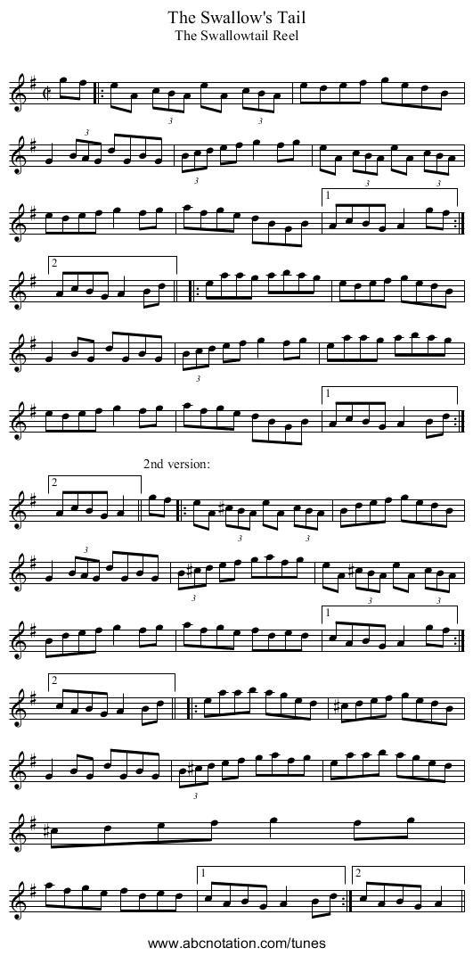 Swallow's Tail, The - staff notation