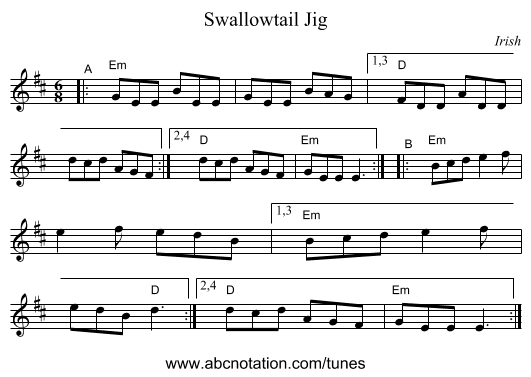 Swallowtail Jig - staff notation