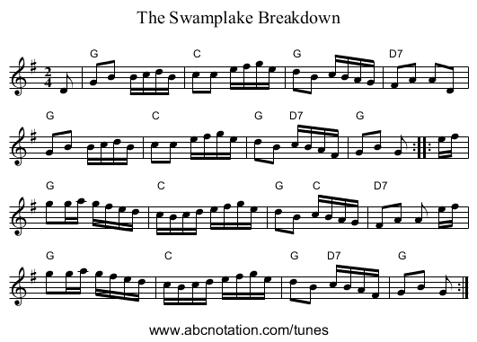 Swamplake Breakdown, The - staff notation