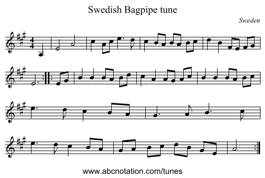 Swedish Bagpipe tune - staff notation