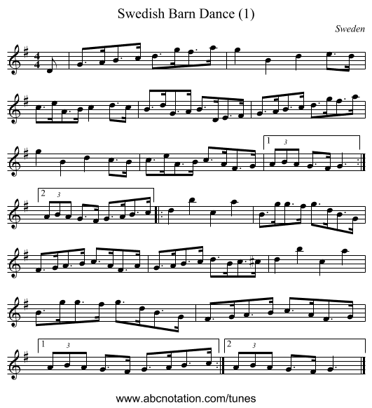 Swedish Barn Dance (1) - staff notation