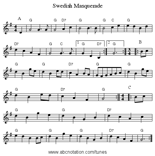 Swedish Masquerade - staff notation
