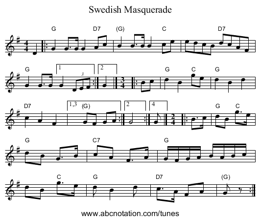 Swedish Masquerade - staff notation