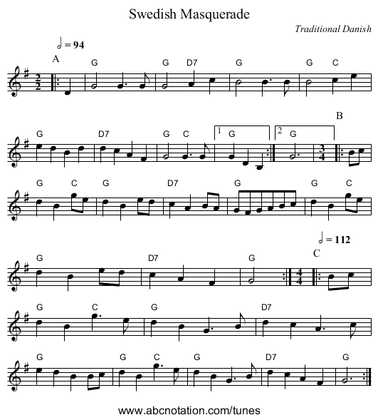 Swedish Masquerade - staff notation