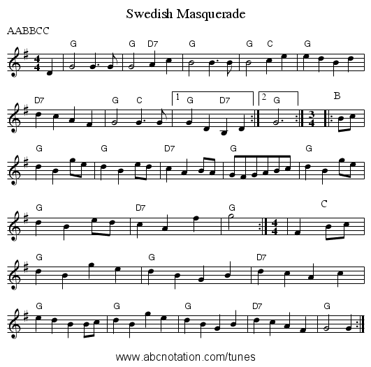Swedish Masquerade - staff notation