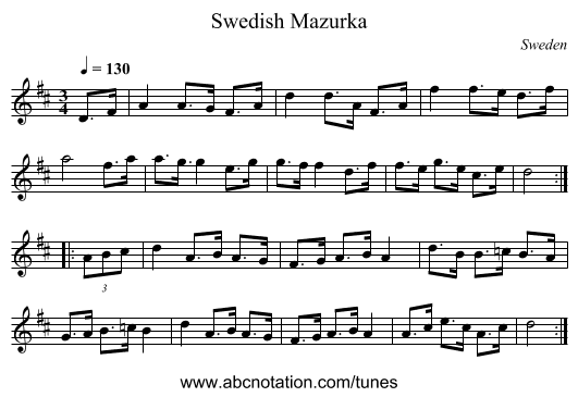 Swedish Mazurka - staff notation