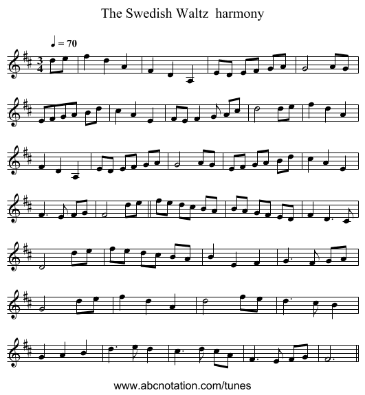 Swedish Waltz  harmony, The - staff notation