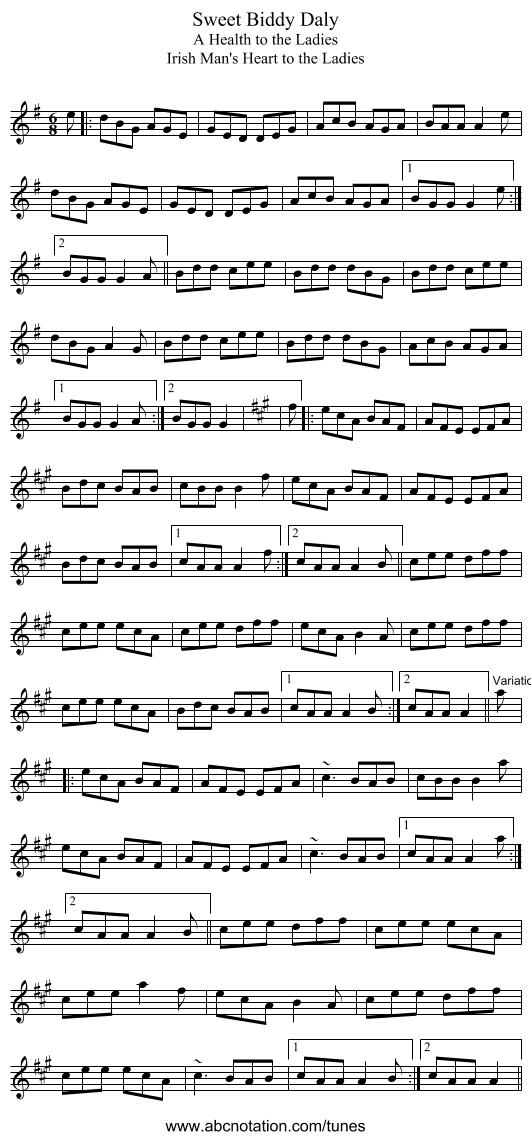 Sweet Biddy Daly - staff notation