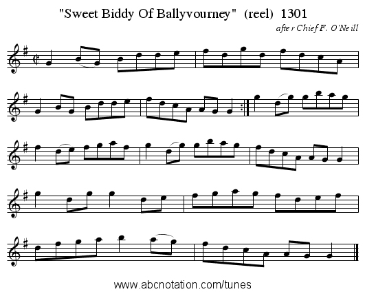 Sweet Biddy Of Ballyvourney (reel) 1301 - staff notation