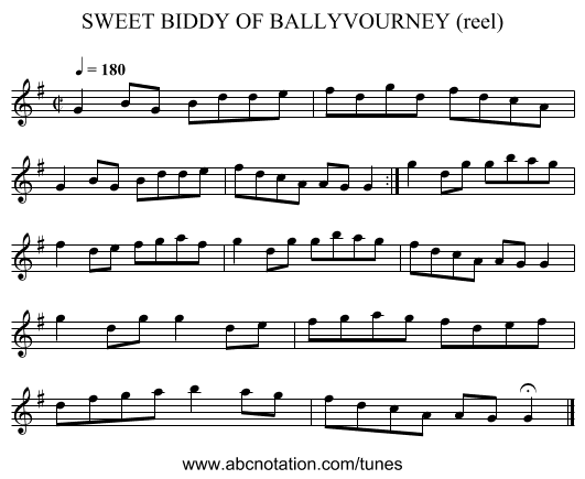 SWEET BIDDY OF BALLYVOURNEY (reel) - staff notation