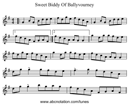 Sweet Biddy Of Ballyvourney - staff notation