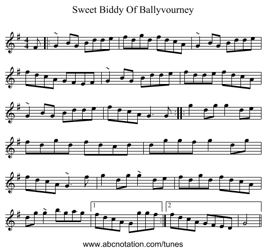 Sweet Biddy Of Ballyvourney - staff notation