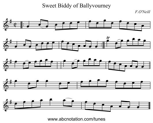 Sweet Biddy of Ballyvourney - staff notation