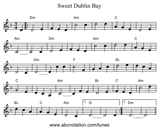 Sweet Dublin Bay - staff notation