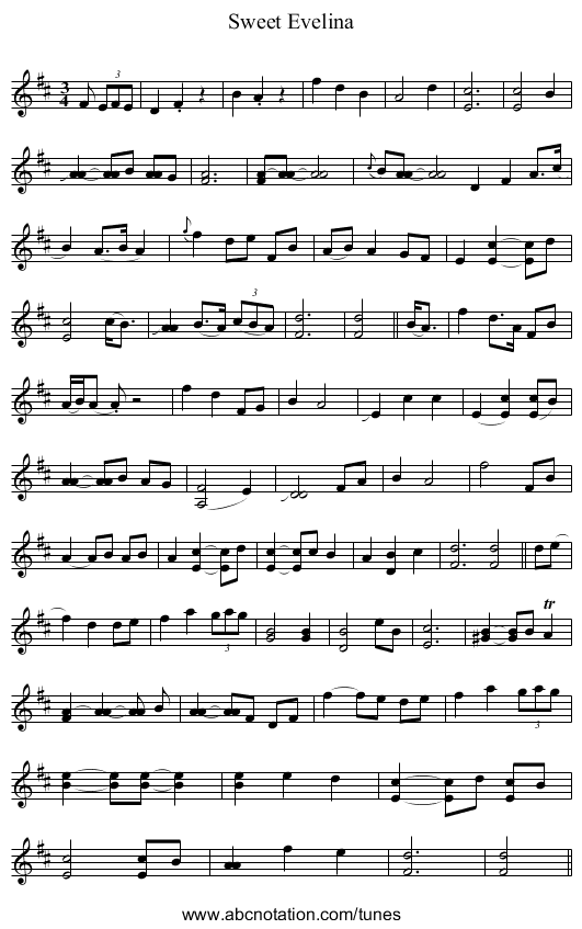 Sweet Evelina - staff notation