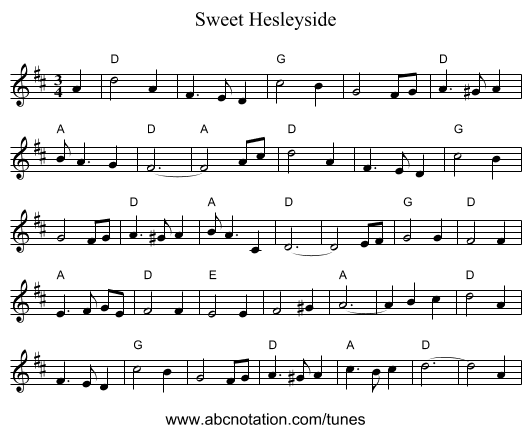 Sweet Hesleyside - staff notation