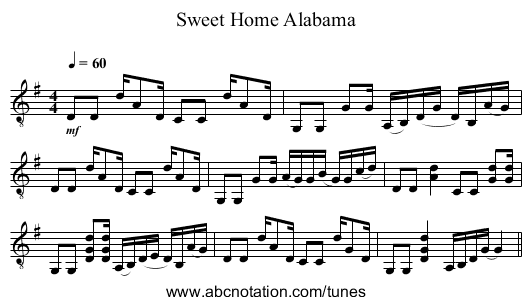 Sweet Home Alabama - staff notation