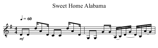 Sweet Home Alabama - staff notation
