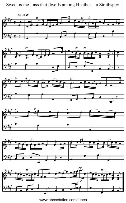 Sweet is the Lass that dwells among Heather.   a Strathspey. - staff notation
