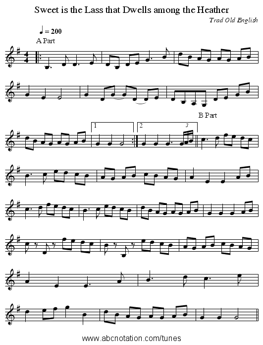 Sweet is the Lass that Dwells among the Heather - staff notation