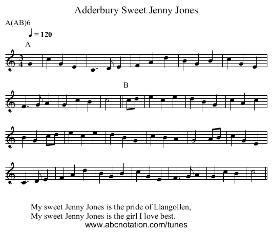 Sweet Jenny Jones, Adderbury - staff notation