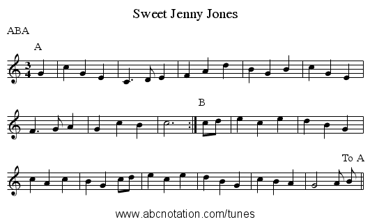 Sweet Jenny Jones - staff notation